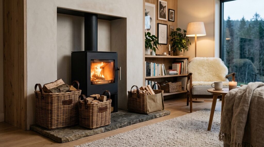 Elegant home interior scene showing multiple woven rattan fi