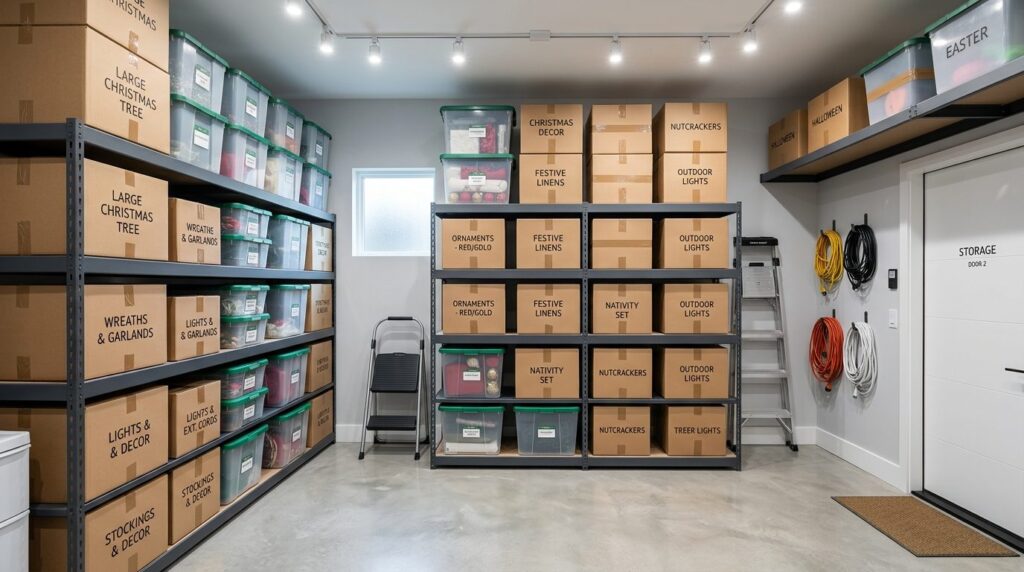 Wide angle view of a residential storage room with neatly or