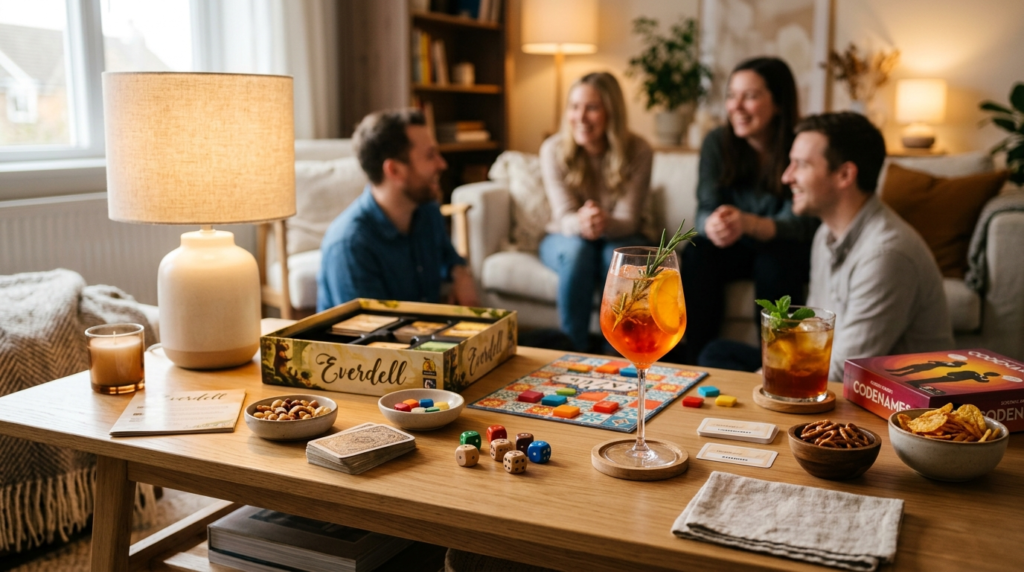 Close-up of a stylish coffee table setup for a party game ni