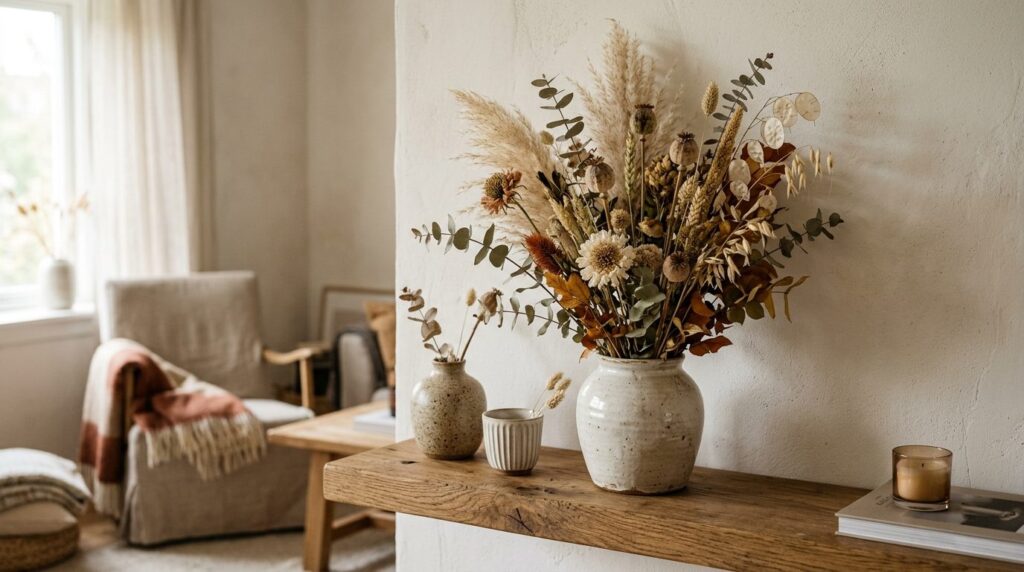 Cozy Nordic home interior detail shot of a vase display on a