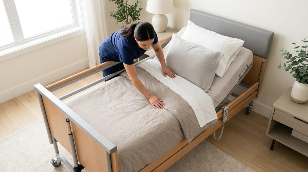 Close-up overhead view of a caregiver adjusting bedding on a