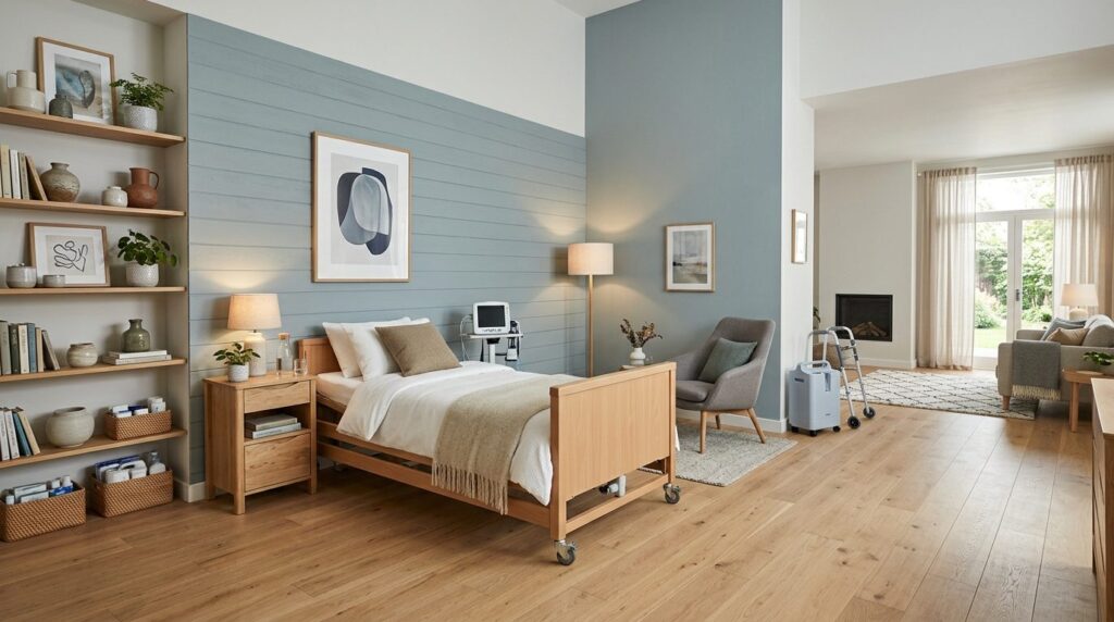 Wide-angle shot of a spacious living room corner with a comp