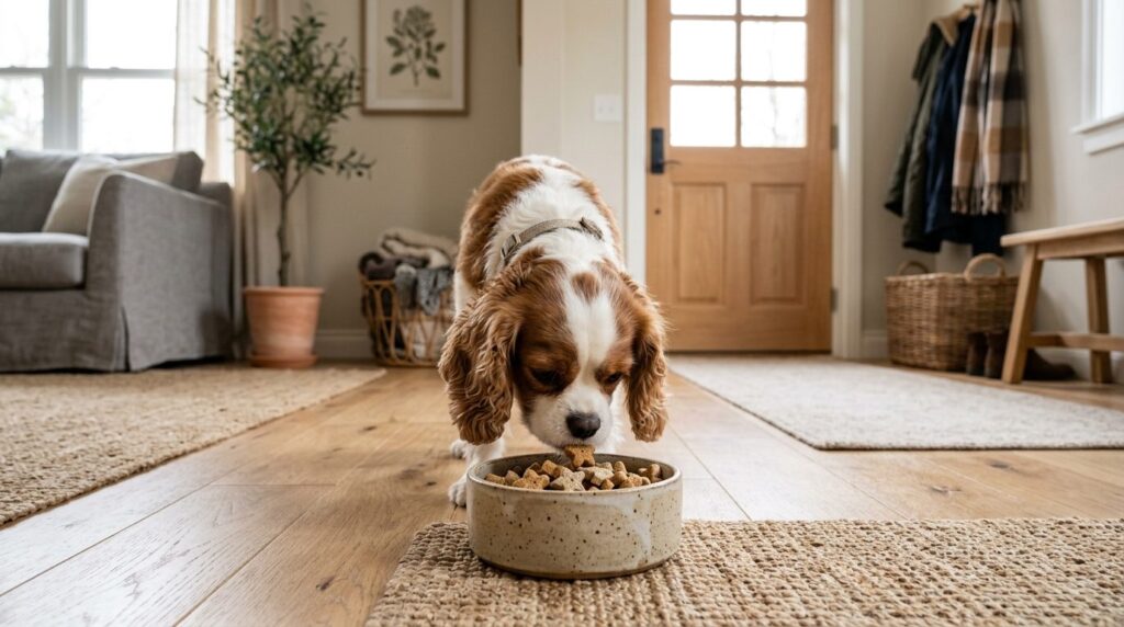 Close-up photorealistic shot of a small dog breed calmly eat