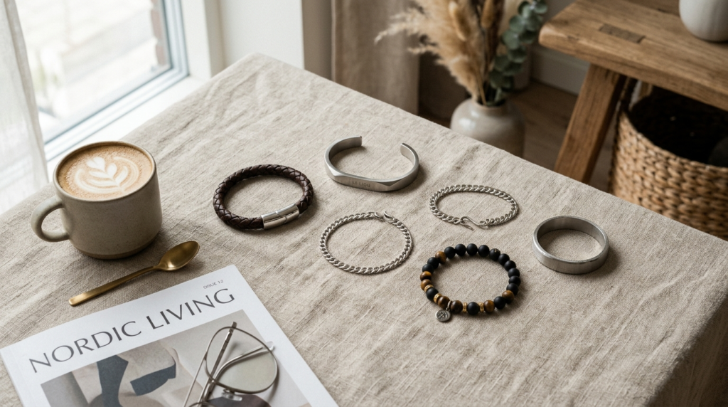 Flat lay photography of luxury mens bracelets styled on a w