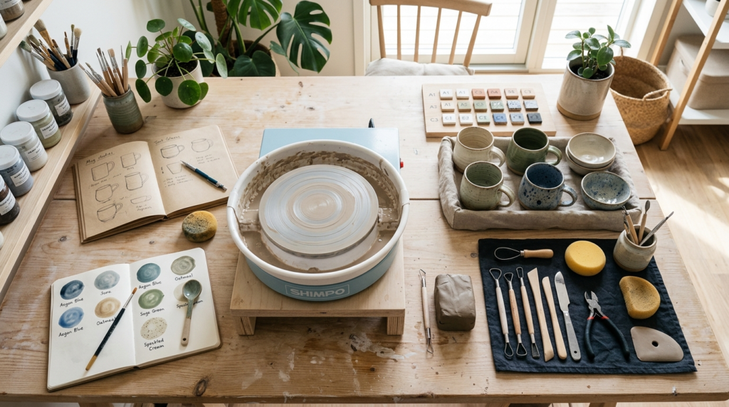 Stylized overhead flat-lay of a home ceramic workspace showi