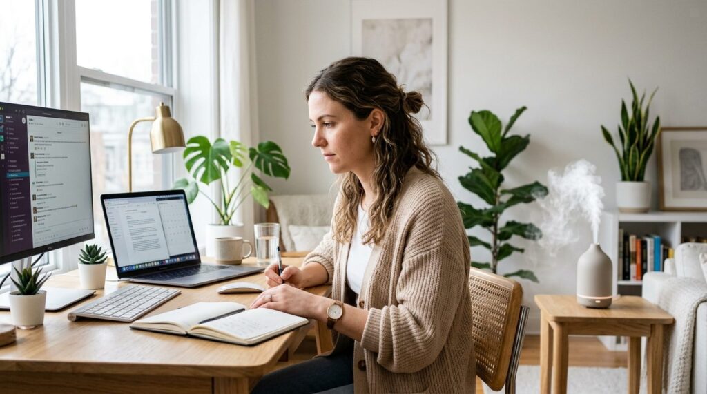 Kvinde ved hjemmekontoret arbejder ved sit skrivebord med fokuseret udtryk.