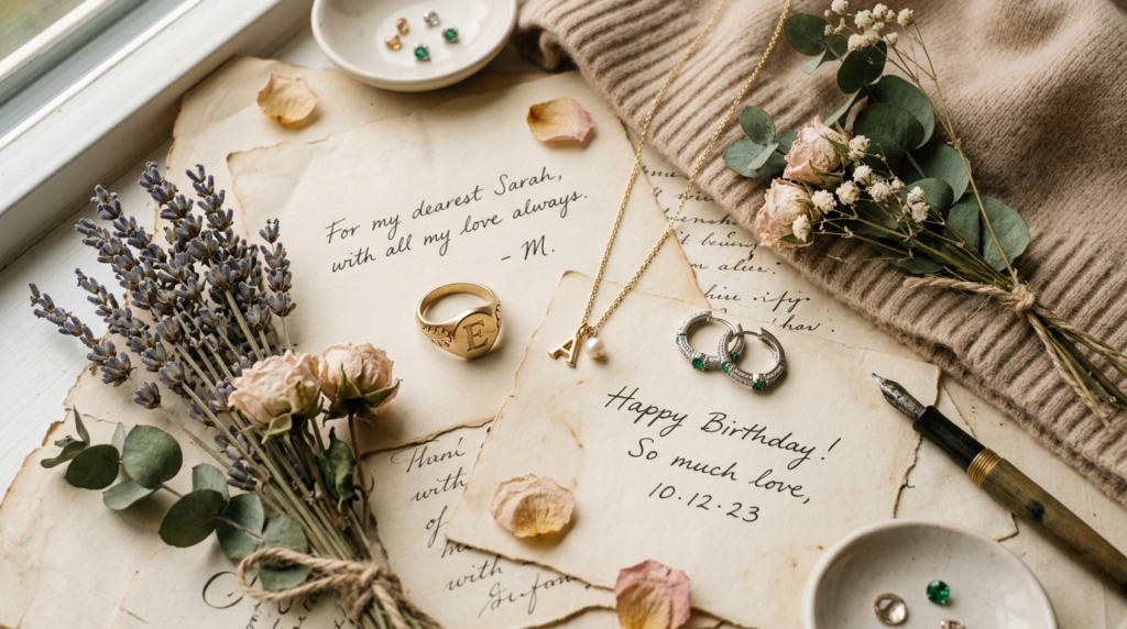 Flat lay composition of meaningful gift-giving elements: sca