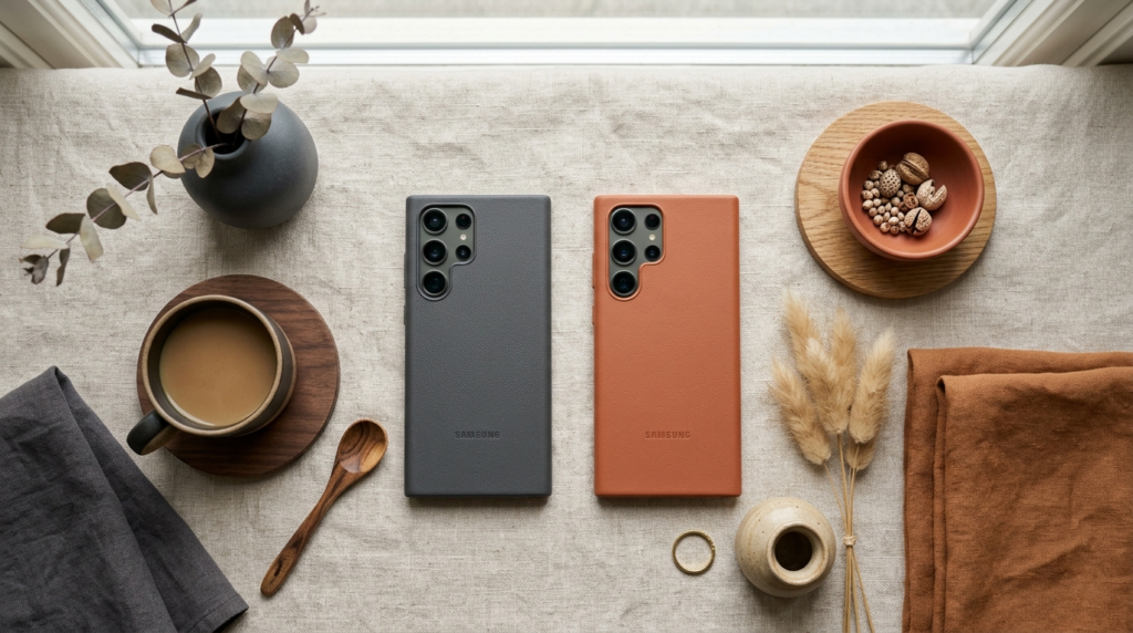 Flat lay overhead shot of two Samsung phones with different 