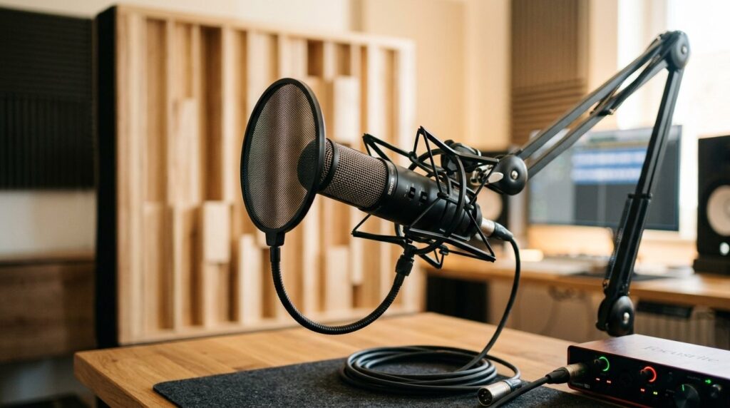 Close-up of studio microphone mounted on shock mount with po