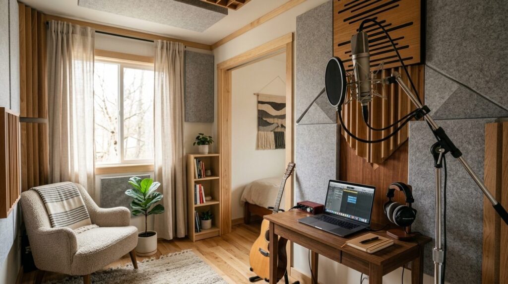Modern bedroom corner transformed into recording space with 