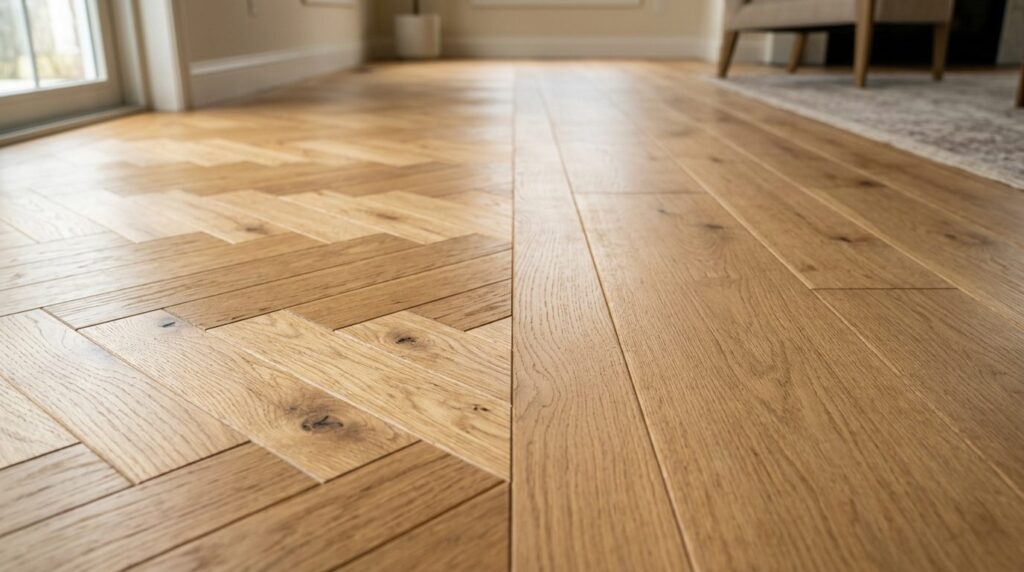 Close-up detail shot of herringbone vs plank wood flooring c