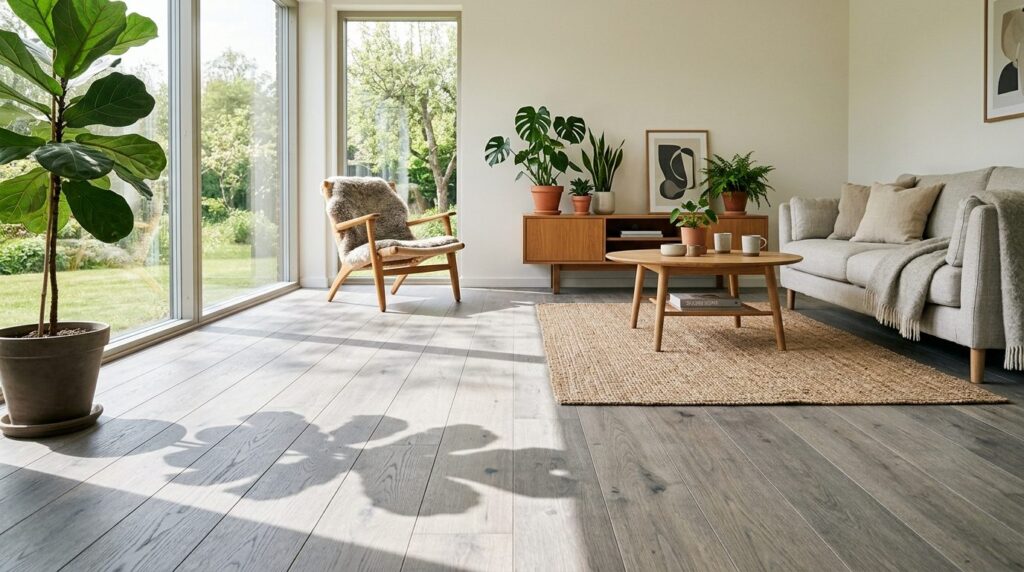 Bright spacious living room interior with light gray plank w
