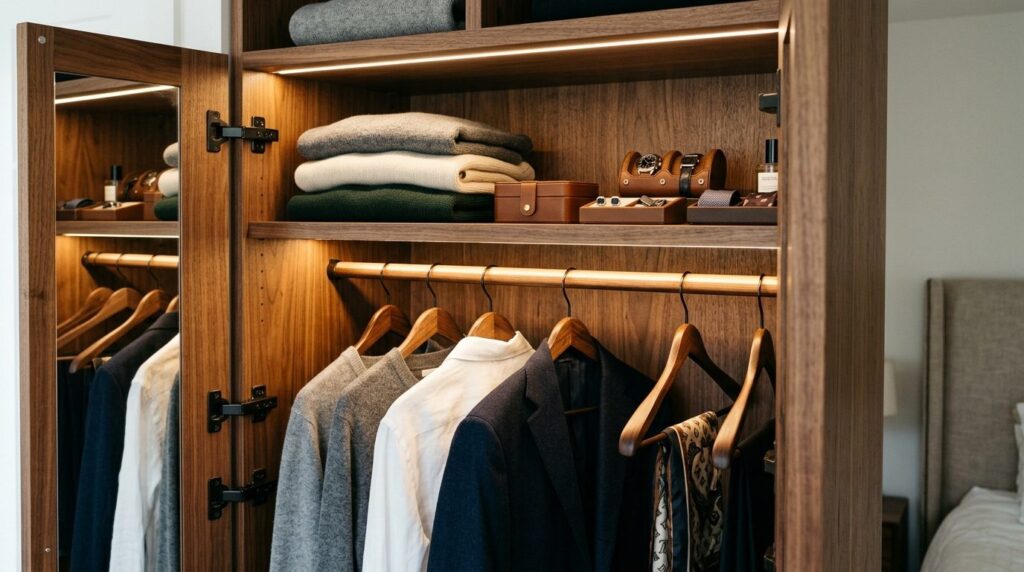 Close-up detail shot of an open custom-built wardrobe cabine
