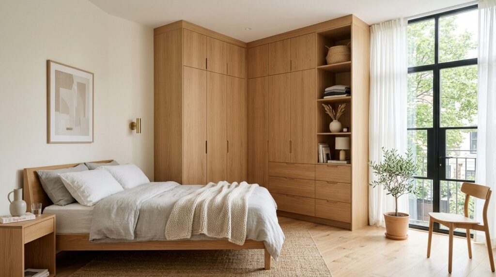 Wide shot of a complete modern bedroom corner featuring a fl