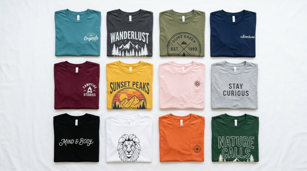 Flat lay photography of multiple printed t-shirts in various