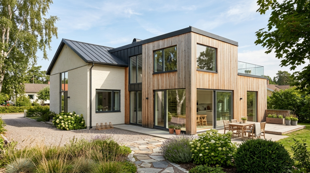 Moderne hus med nyopført tilbygning i træ, der harmonerer med den eksisterende bolig.